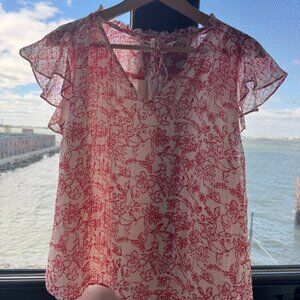 Parker Exie Floral Print Flutter Ruffle Cap Sleeve Tie Neck Silk Bouse Red Small
